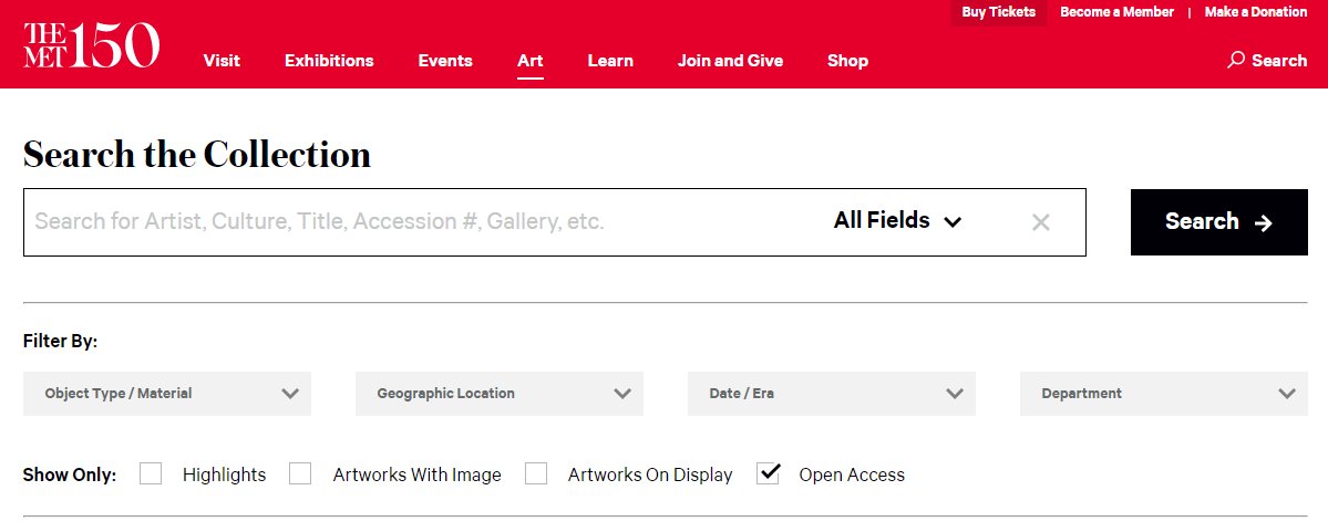 As an NYC native, I love The MET, so I heavily sourced the  @metmuseum's Open Access Works archive. It's searchable by era, continent, medium, etc! https://bit.ly/2VbvwPl 