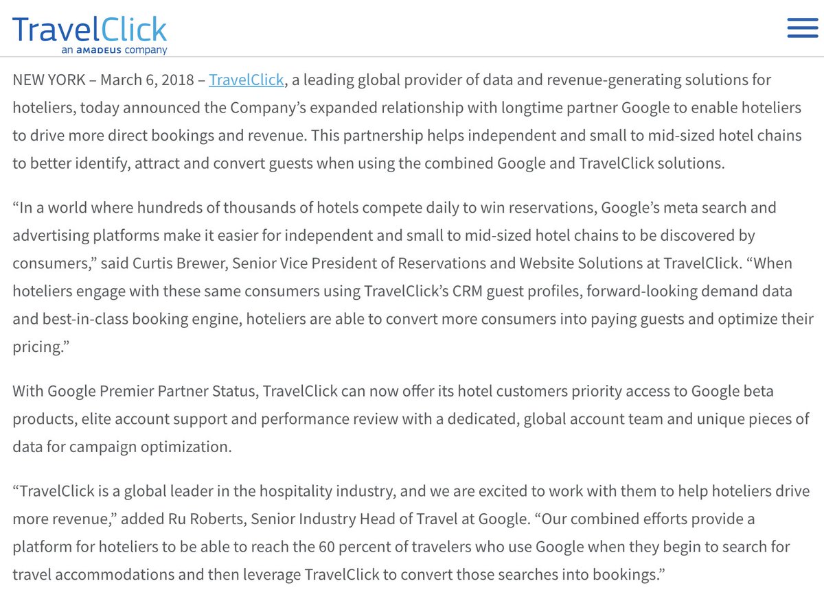 Anyone have insight into how effective Travel Click has been for hoteliers acquiring direct traffic on  $GOOG? https://www.travelclick.com/insight/travelclick-and-google-expand-partnership-to-help-hoteliers-maximize-revenue-in-an-increasingly-competitive-market/