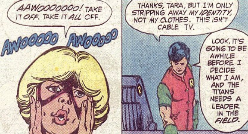 Let’s begin with the Pre-Crisis era.Dick first began to show an aversion to the sexualization of his body in Tales of the Teen Titans, which was his primary book at the time.Here Tara’s ‘compliments’ are met with a brief thanks before he reminds her of his modesty.