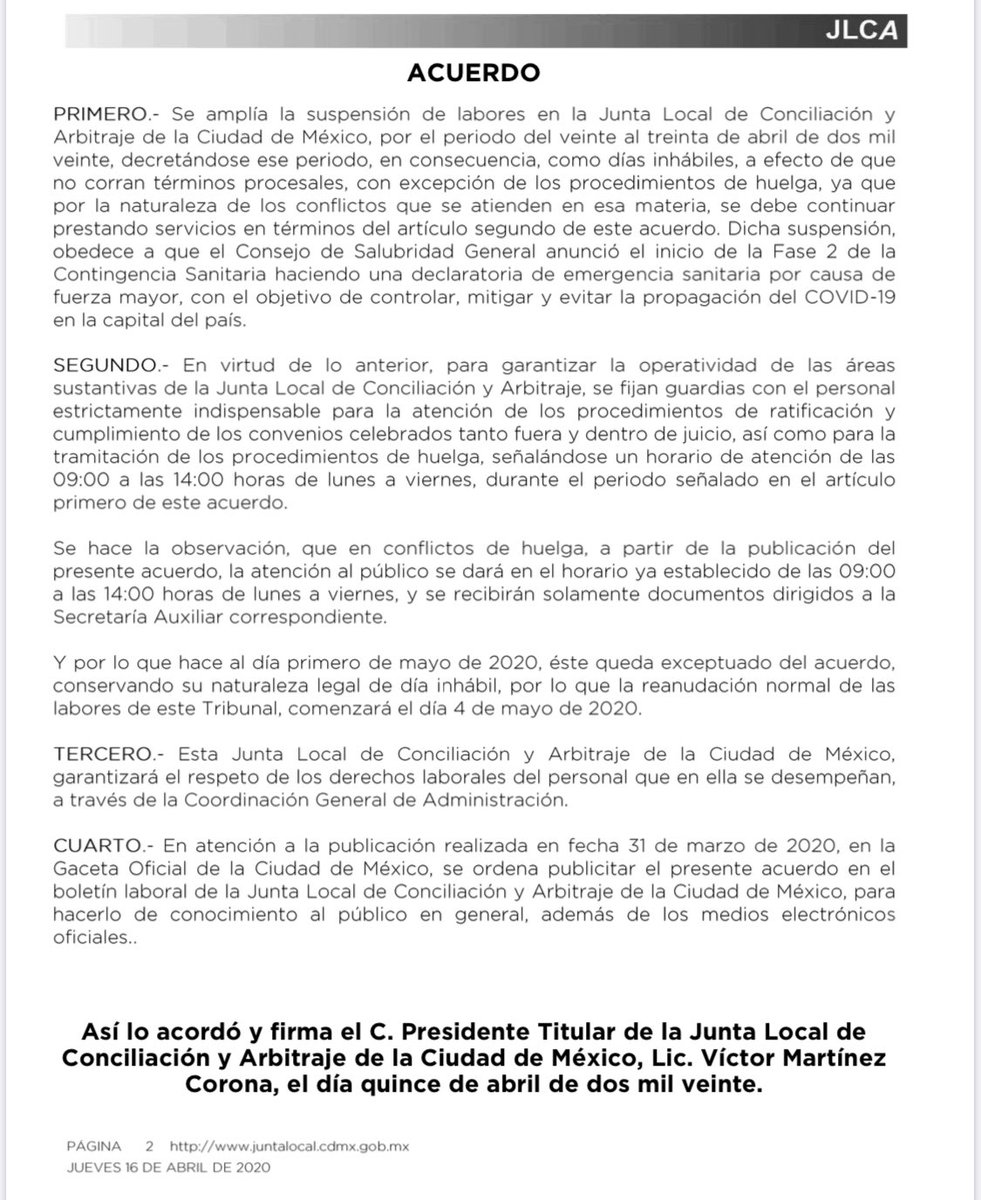 JuntaLocalCDMX's tweet photo. 📄#BoletínLaboral | Acuerdo por el cual se determina la ampliación de la suspensión de labores por la contingencia #Covid_19 https://t.co/kmKZHnPIgv