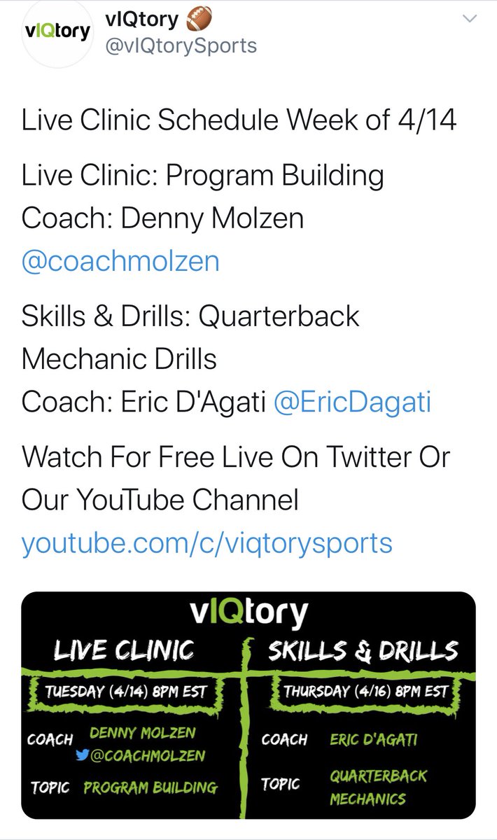 EricDagati's tweet photo. Excited to live on the VIQtoryโs podcast tomorrow night at 8pm EST breaking down considerations for training quarterbacks. Check out live on Twitter or YouTube from the links below.
https://t.co/MD3yff1hjd
#QBTraining #vIQtorySports #CompleteQB https://t.co/7QQpkhYOUD
