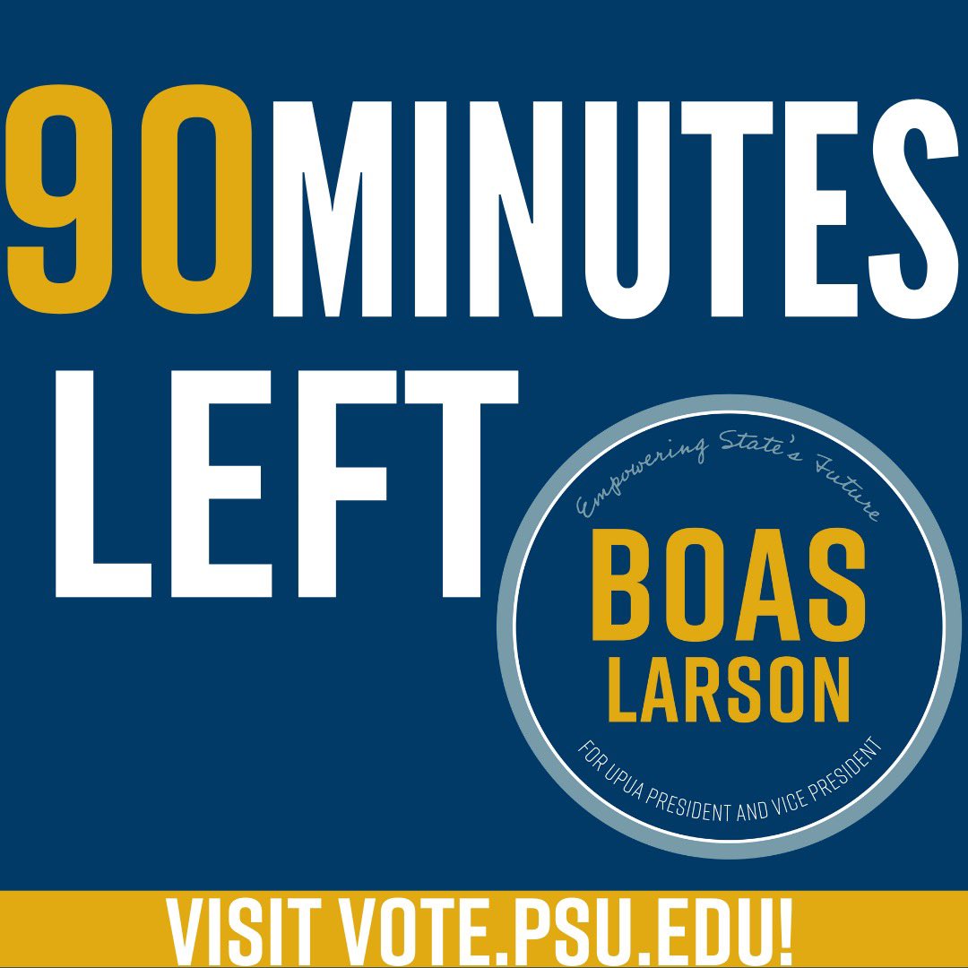 VoteBoasLarson's tweet photo. 90 MINUTES TO GO, Penn State!! 🟡🔵Go to https://t.co/dyO8Qs6BUF and cast your vote! #VoteBoasLarson https://t.co/HhogEhwdeX