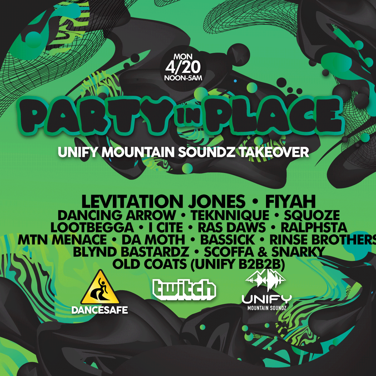 unifymtnsoundz's tweet photo. Spend 4/20 with the Unify fam and @DanceSafe! 🐉💨

Tune into our Twitch for #PartyInPlace to catch music all day and night!

Event link:

https://t.co/ALKRTlF64e

Flyer art: Andrew Linville https://t.co/CoJymB05K4