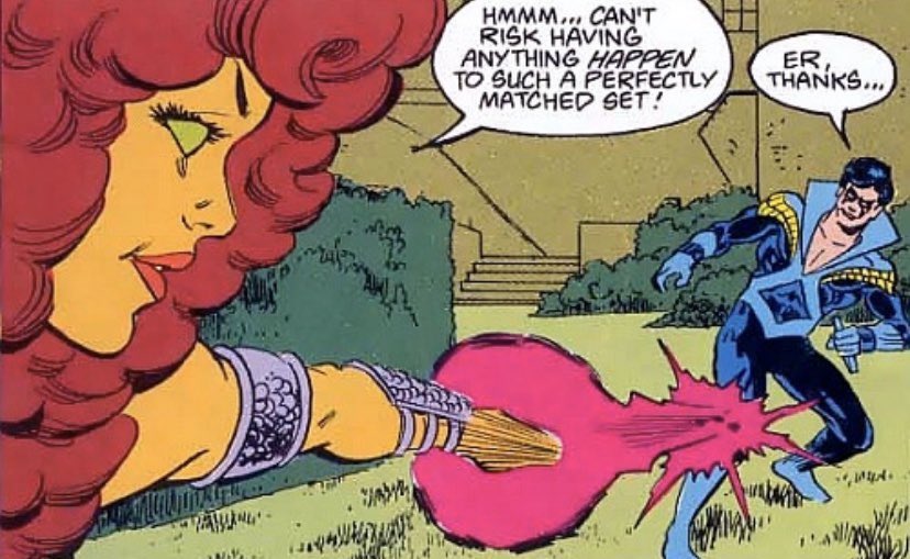 This would continue into the edge of Pre-Crisis and Post-Crisis, with a sense awkwardness for any sort of joke involving his body or appearance.At this point he and Kory have been dating for a number of years, but Dick still seems embarrassed with a comment such as this one.
