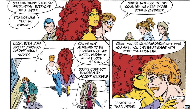 In The New Titans, a disguised Dick says to Kory that he’s “pretty conservative” about nudity, and she replies that he must learn how to accept himself.“Easier said than done.”This reveals that Dick actually struggles with an insecurity regarding his body.