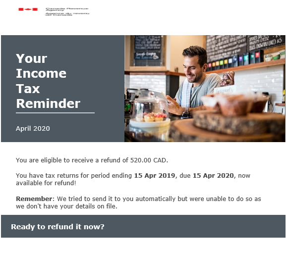gatienmc's tweet photo. SCAM ALERT....If you get an e-mail that is saying you have a refund from the CRA (usually $520.00) do not click on any links or give ANY information. Top portion looks like this.   Please R/T https://t.co/sFuvxJ9q1e