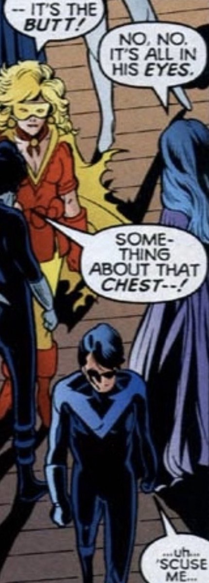 When what’s generally known as the Pre-52 era of Post-Crisis rolls around, Dick never overtly admits his struggles like he did with Kory.But there are several instances where he is clearly uncomfortable with people sexualizing him or pointing out his appearance.