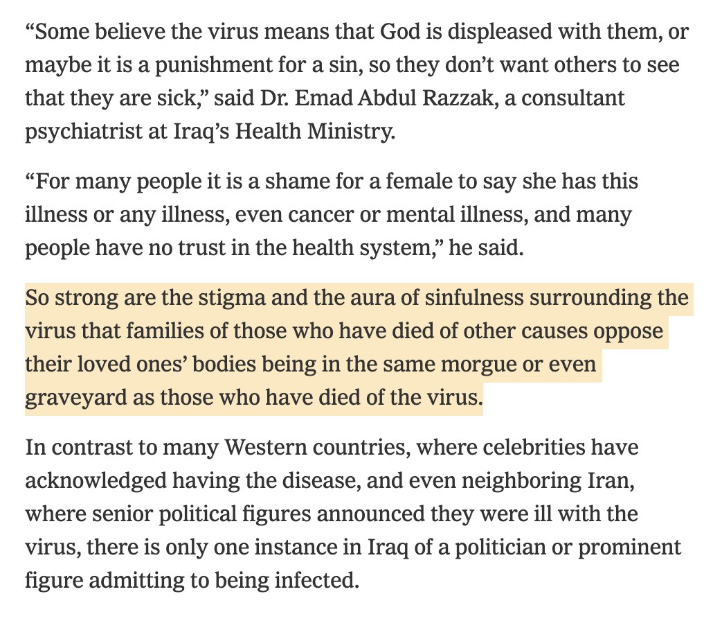 Other aspects of disinformation that are directly harmful to public health come from the religious and cultural realm.Here are some barriers to fighting covid19 in Iraq: https://www.nytimes.com/2020/04/14/world/middleeast/iraq-coronavirus-stigma-quarantine.html