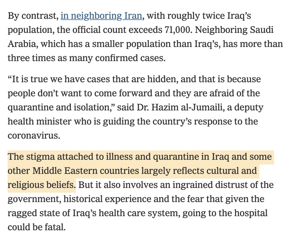 Other aspects of disinformation that are directly harmful to public health come from the religious and cultural realm.Here are some barriers to fighting covid19 in Iraq: https://www.nytimes.com/2020/04/14/world/middleeast/iraq-coronavirus-stigma-quarantine.html