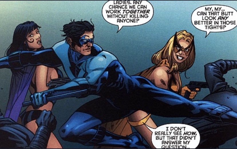 Both of these instances fall within Nightwing (1996). Similar comments are made, and both times, his response is exasperated and uninterested.