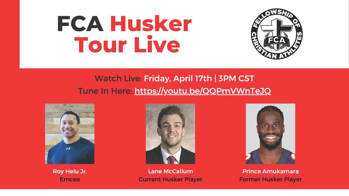 Do you miss Husker sports? We do, too!

Join host Roy Helu, Jr. along with Lane McCallum and Prince Amukamara as they share about their faith and Husker sports!

Tune in THIS FRIDAY at 3PM CST on our YouTube channel: youtu.be/QQPmVWnTeJQ