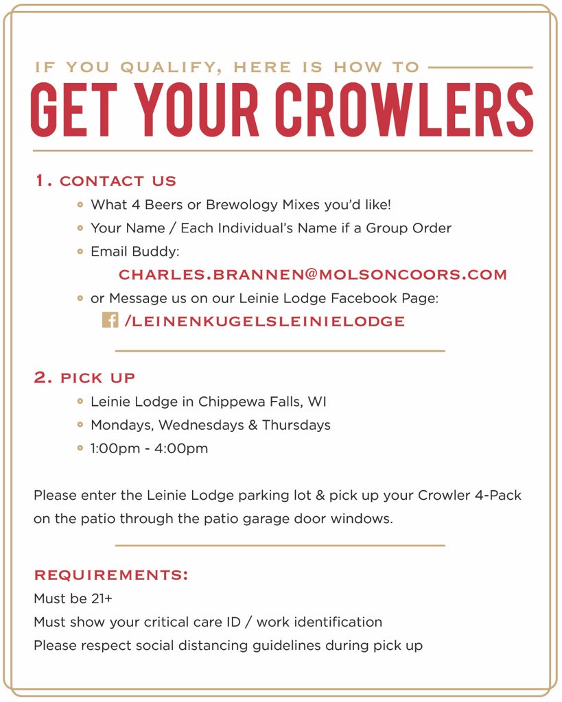 leinie_lodge's tweet photo. Crowlers for Care 🚑
We want to say #ThankYou to our Local Critical Care workers with a 4-Pack of Crowlers 🍺
If you qualify, read how to get your #Leinenkugels #CrowlersToGo ♥️ Order yours tonight for pick up tomorrow 1-4pm! https://t.co/9Ga1Ypt41g