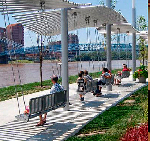 cityofsandusky's tweet photo. You have may noticed these white structures pop up on Jackson Street Pier today while out and about on your #socialdistance walk. These will be trellis for swinging benches similar to those seen in many great waterfront parks throughout Ohio. The example image is from Cincinnati. https://t.co/y4rFen0GCI