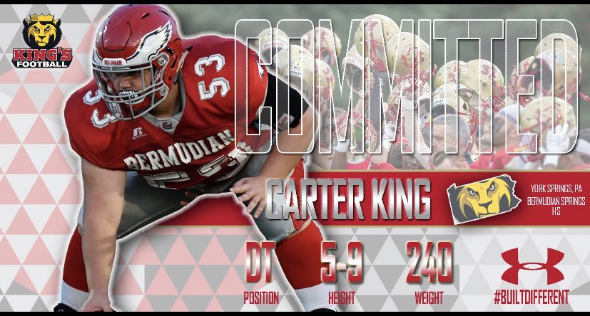 Proud to announce I’m committed to King’s College. Thank you <a href="/jeff_knarr/">Jeff Knarr</a> <a href="/CoachDops/">Jacob Dopsovic (Dops)</a>  I’m ready to get to work 🦁 <a href="/redswarm65/">Chris King</a>