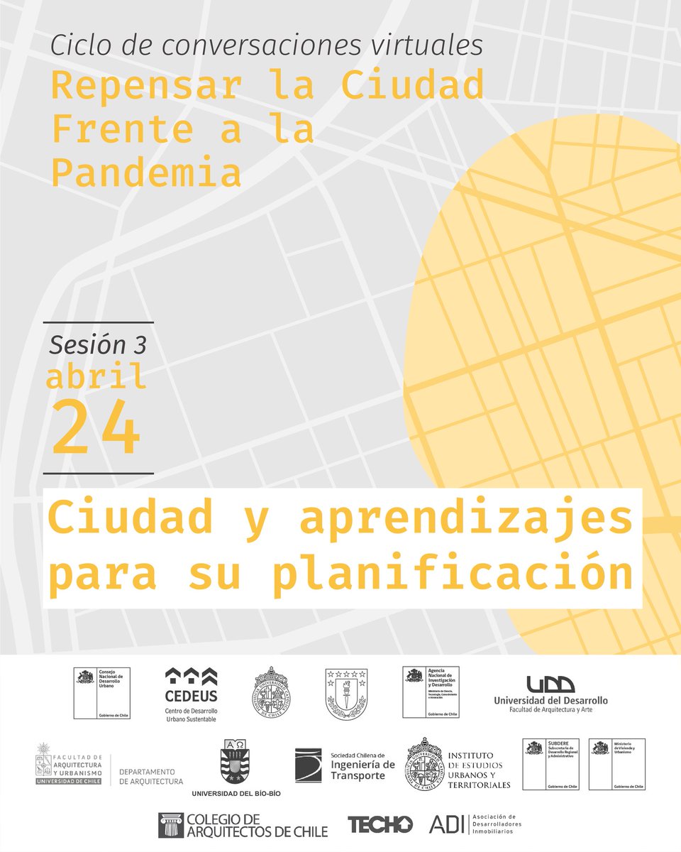MundoFAU_uchile's tweet photo. [AGENDA] @cndu_chile ofrecerá el ciclo de conversatorios “Repensando la #ciudad: la #crisis como oportunidad”. ¿Cómo debiéramos diseñar y planificar nuestras ciudades post #COVID2019chile? Sobre esto discutirán expert@s los días 20, 22 y 24 de abril. https://t.co/0gcJz4IRyQ https://t.co/JvlRUE37zu