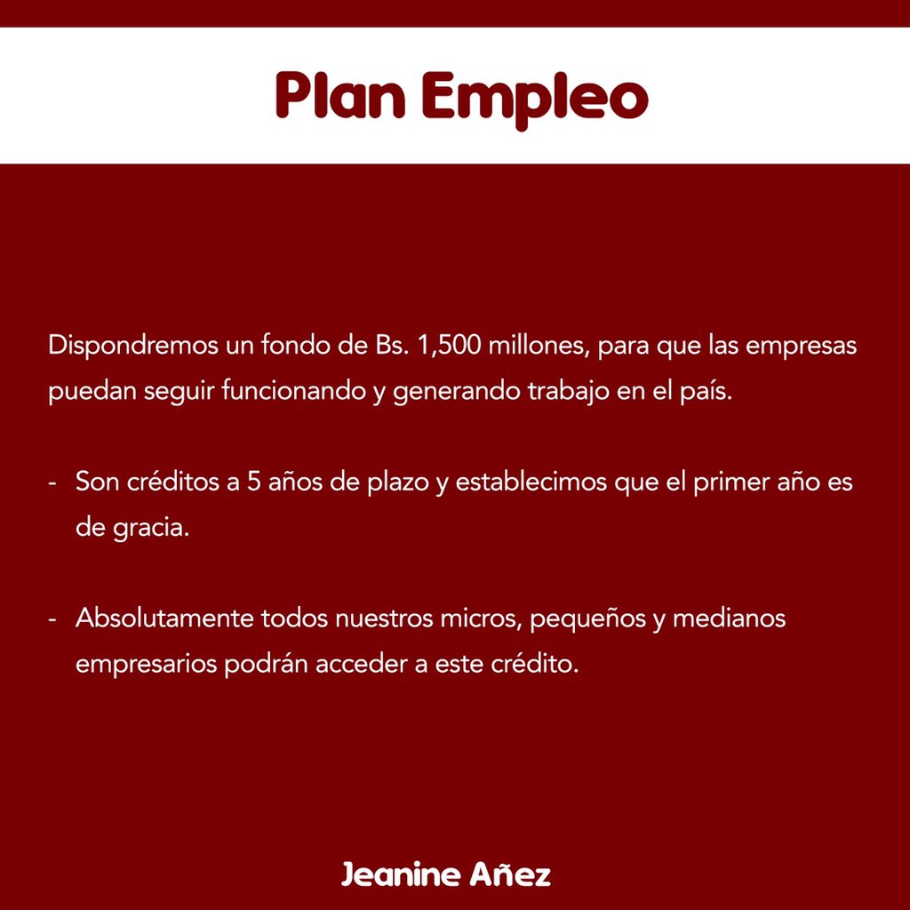 JeanineAnez's tweet photo. Estas son las nuevas medidas que aplicaremos en el país por la seguridad económica de cada uno de los bolivianos. Cuidémonos unos a otros cobrando los bonos de manera ordenada y acatando la cuarenta que ahora se extiende. https://t.co/YJis1KF4rv