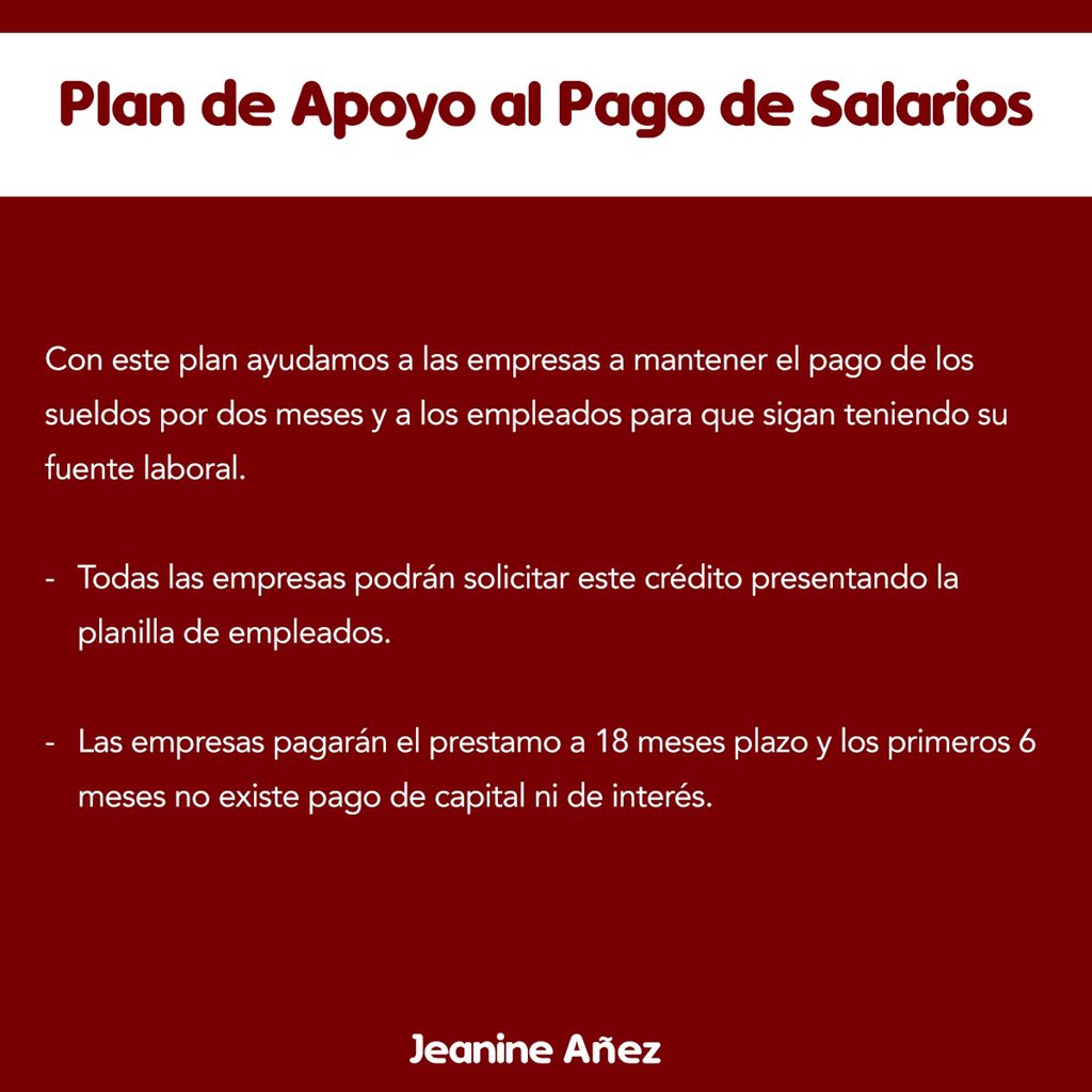 JeanineAnez's tweet photo. Estas son las nuevas medidas que aplicaremos en el país por la seguridad económica de cada uno de los bolivianos. Cuidémonos unos a otros cobrando los bonos de manera ordenada y acatando la cuarenta que ahora se extiende. https://t.co/YJis1KF4rv