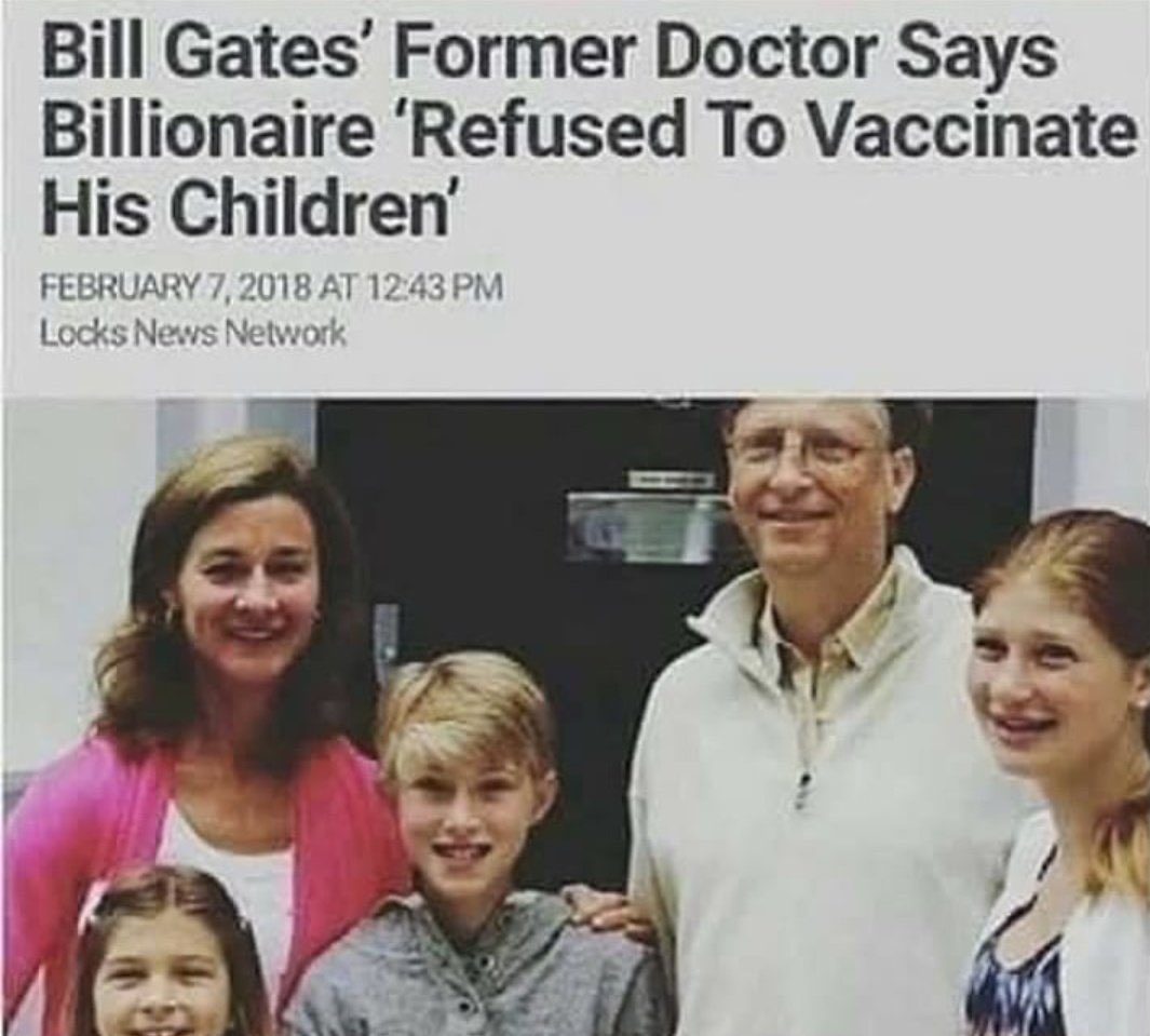 CharlieJeremia1's tweet photo. @risetoflyy @BillGates @WHO None Of His children have been vaccinated !! https://t.co/EbLzoDXUhu