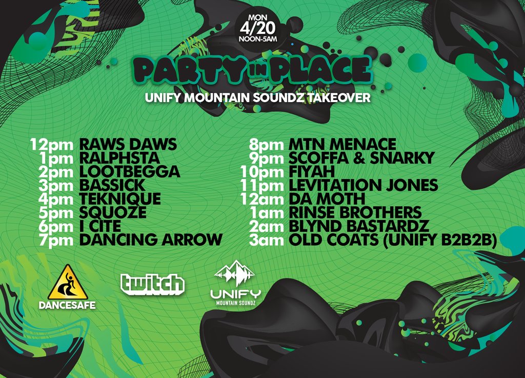 Spend 4/20 with the Unify fam and <a href="/DanceSafe/">DanceSafe</a>! 🐉💨

Tune into our Twitch for #PartyInPlace to catch music all day and night!

Event link:

facebook.com/events/s/420-p…

Flyer art: Andrew Linville