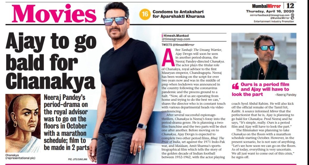 HimeshMankad's tweet photo. Exclusive: @ajaydevgn to go bald for #NeerajPandey's #Chanakya

 https://t.co/VTkKkpMe4W https://t.co/g6vqM5r4b2