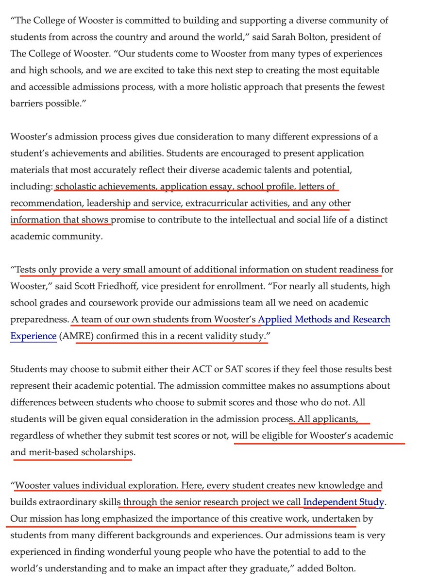 Wooster's announcement drew my interest in the school even more than in their policy: - student's were engaged in research that drove the policy- engaging students that way is part of the school mission- highlight the variety of factors considered https://news.wooster.edu/news/2020/04/wooster-faculty-adopts-test-optional-admission-policy/