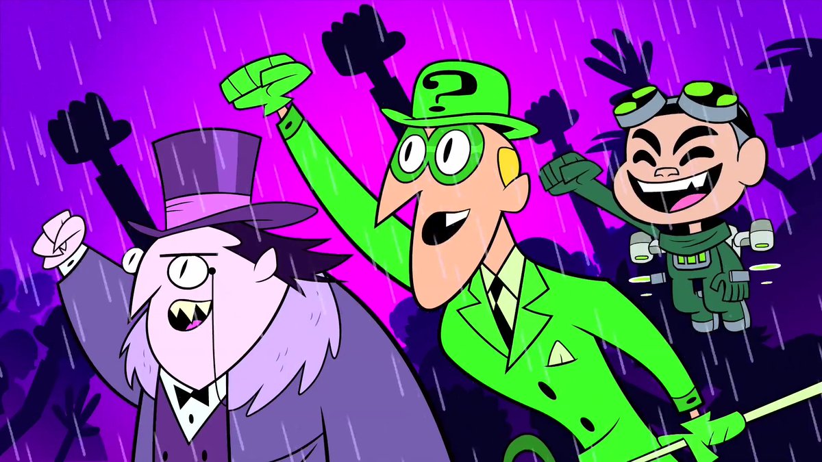  #riddlebird  #nygmobblepot  #batman  #teentitansgo I think this was the earliest appearance. As you can tell their designs are very old and abstract. Riddler was still a blonde here and his design would swing wildly throughout the series.