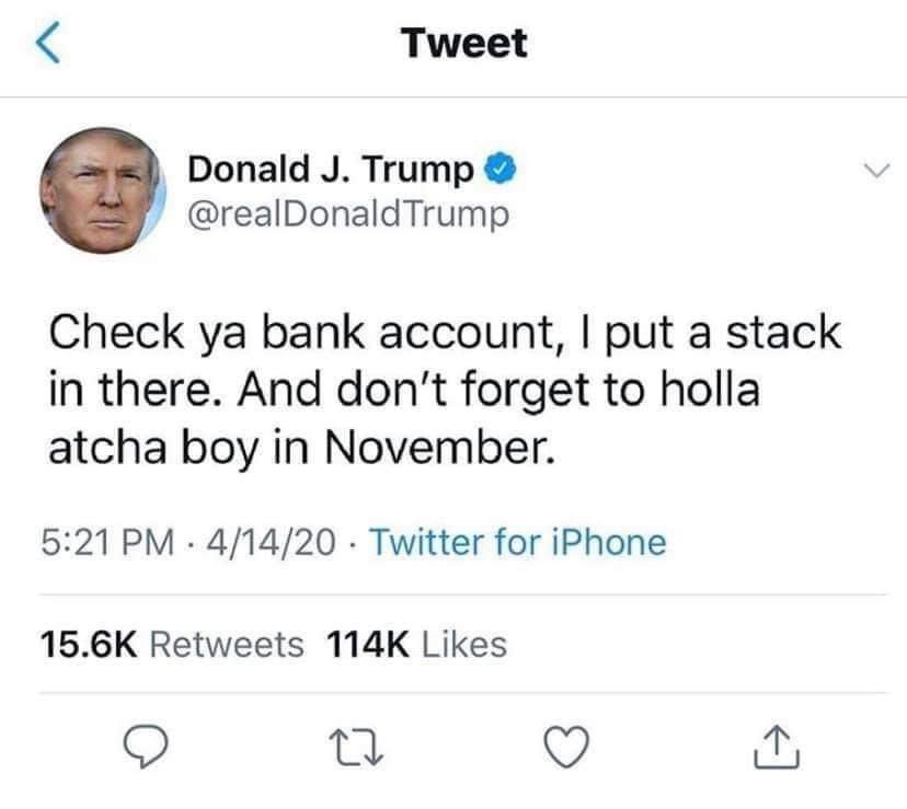 Barnacules Nerdgasm Please Vote On Twitter The Stimulus Didn T Come From Him He Never Wanted The People To Have It Mostly Businesses To Buy Back Stock To Stimulate The Markets