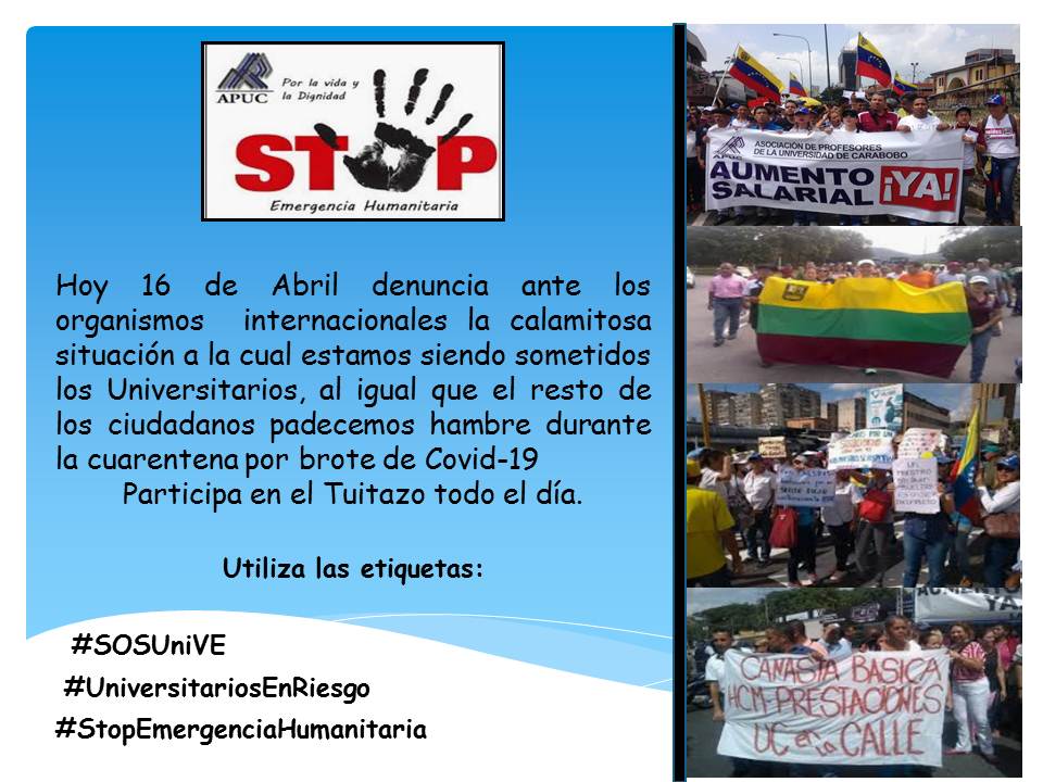 APUCoficial's tweet photo. #16Abril Universitarios sometidos a cuarentena de hambre ante contingencia por brote #Covid_19 sin comida, ni posibilidad de abastecimiento @CesarTrompizVEN no responde nuestras justas demandas. No a la violación de nuestros #DDHH hoy participa en el tuitazo. @OITnoticias https://t.co/YPiuVoeVQG