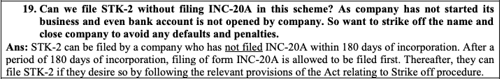 FCSJigarShah's tweet photo. #MCA indirectly clarified that the Company does not need to wait for 2 years for newly incorporated company before filing of #STK2. However, if application is filed after 180 days, the Form 20A is mandatory. 
#JMJA #CLUe https://t.co/lsh8UztaTp