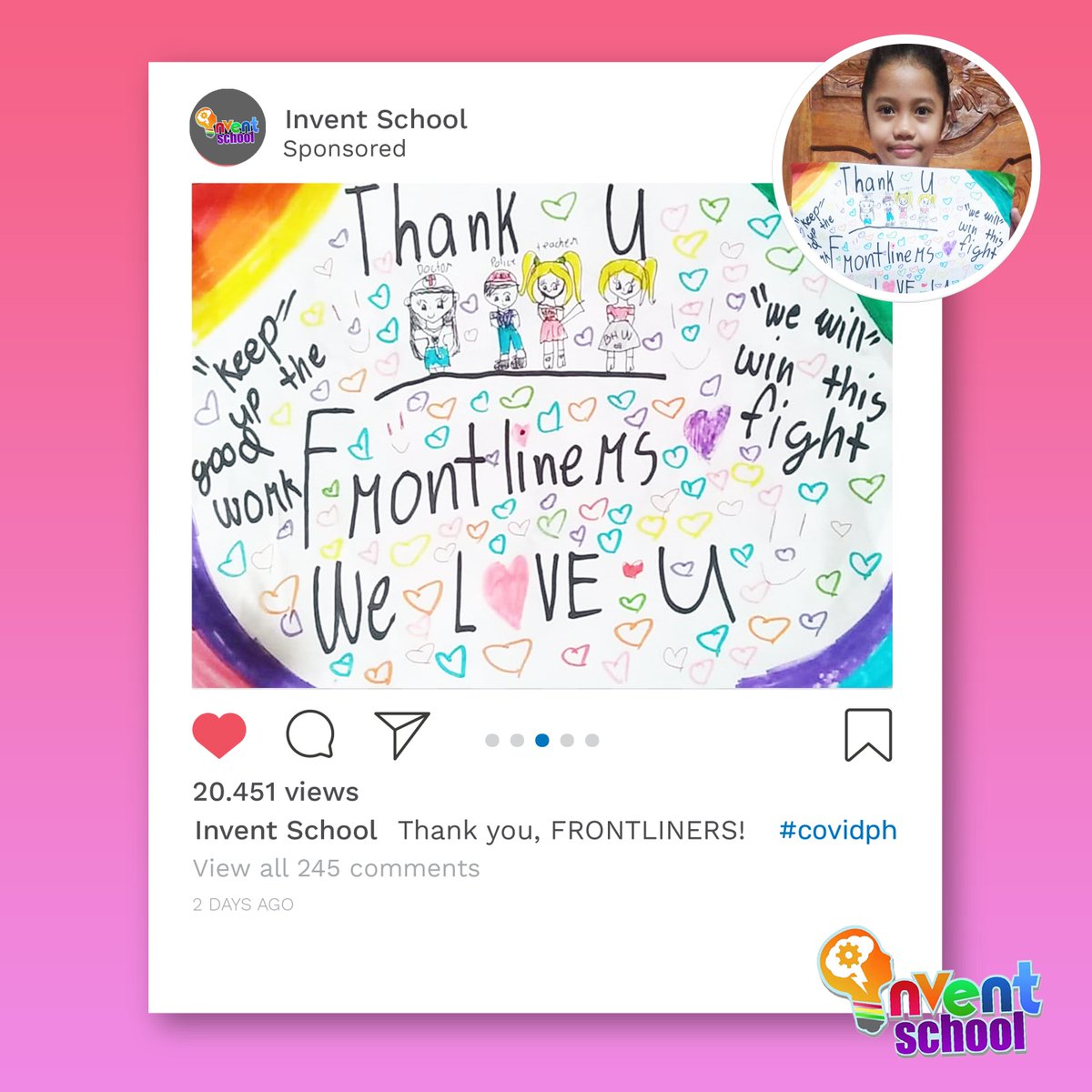 idd_tapi's tweet photo. WE WILL WIN THIS FIGHT! ♥️
Let us appreciate the artwork of Ate Shane that uplifts the spirit of our loved frontliners. 🥰 Good job, Ate Shane! 🤗
#InventSchoolProgram #IDDCares #ISP #COVID19ph https://t.co/zaOOsskmsN