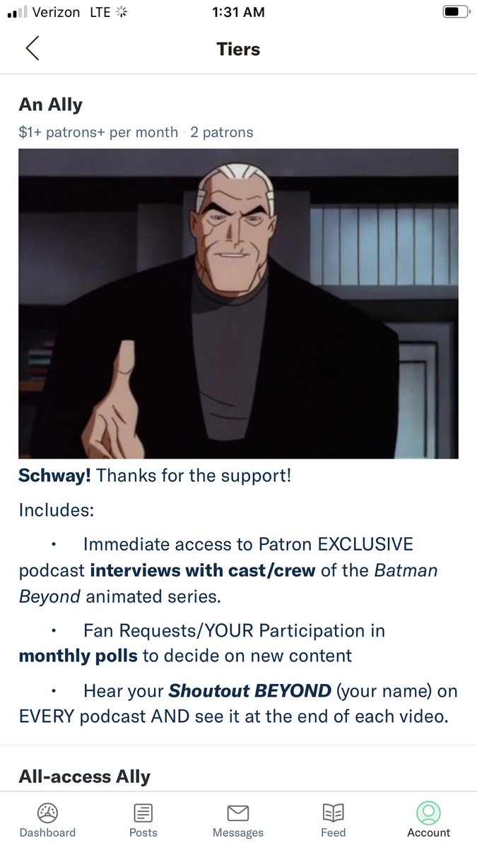 batmanbeyondpod's tweet image. Old Bruce needs an ally. For just a quarter an ep, help this billionaire meet his goal of breaking even. Allies get to hear EXCLUSIVE interviews with people like Batman himself, Will Friedle; and Director/producer, James Tucker. Are you an Ally? Join us at Patreon.com/batmanbeyondpo…
