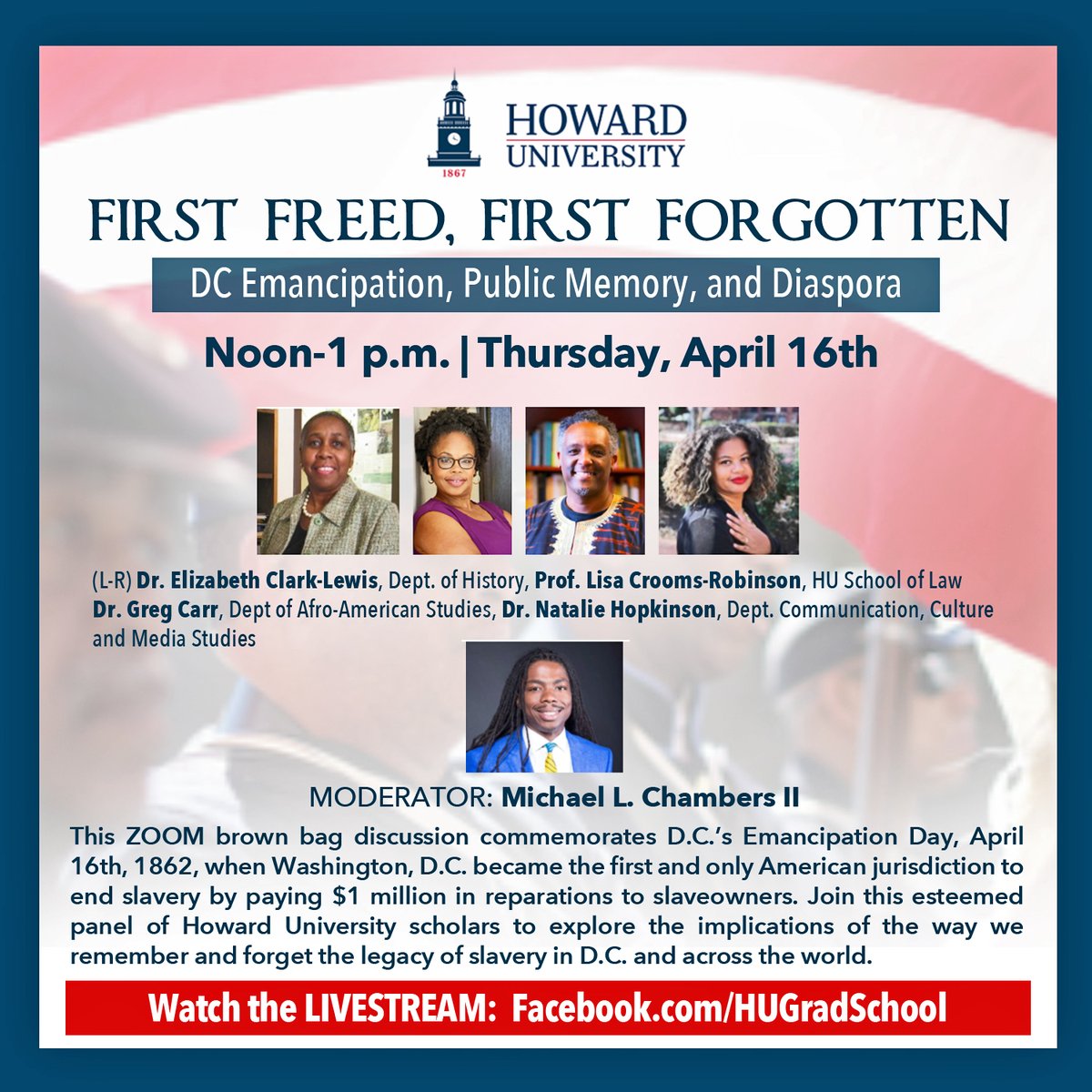 Hosting this 🔥 conversation on #DCEmancipationDay and Emancipation History with some of @HowardU's finest: @AfricanaCarr @NatHopkinson @2xncultjam  and the Dr. Elizabeth Clark-Lewis.
#DC #BlackHistory #Emancipation #PublicHistory #LegacyOfSlavery #AmericanHistory #HU #UKnow