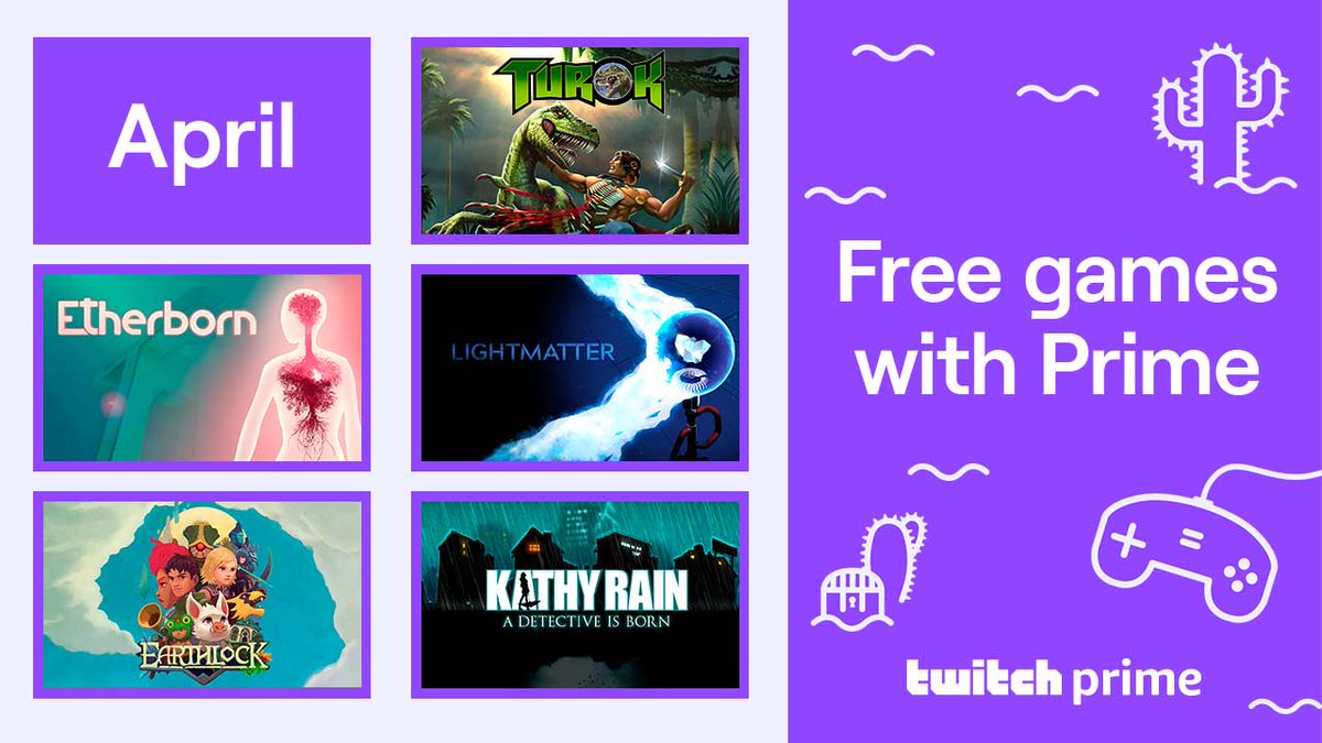primegaming's tweet photo. Reminder 🎇 Unlock the April #FreeGamesWithPrime #FGWP only on #TwitchPrime! Enjoy Turok 🦎 Etherborn 👽 LightMatter ⚡ Earthlock 🌍 and Kathy Rain 🚨  until the end of the month!

Claim here https://t.co/2HroqNRg00 https://t.co/AnxIDjh829