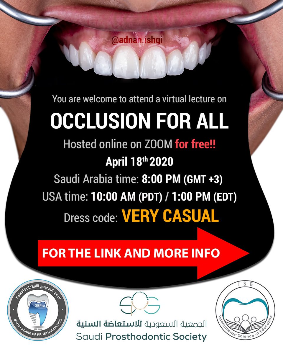 adnanishgi's tweet photo. Virtual lecture on "occlusion" for all... Practical tips and step-by-step guide...
Free of charge.. 
April 18, 2020 at 8:00PM KSA time (GMT +3)

محاضرة عن "اطباق الأسنان" بدون رسوم..
لجميع أطباء وفني الأسنان.. 

Lecture link
https://t.co/dyuBOm1vGk

@saudiprostho 
@DentalSaudi https://t.co/X5k6yrfjzI
