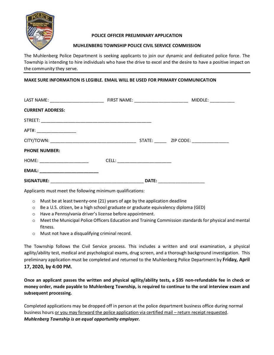 CjaWilmu's tweet photo. The Muhlenberg Township Police Department in Berks County, Pennsylvania, is searching for qualified individuals to join their ranks!👮🏻‍♀️🚔👮🏽‍♂️
Please review the official advertisement and preliminary application provided by MTPD!💻📲
#WilmU #CJA #lawenforcement #jobs https://t.co/2QAB2CxwKu