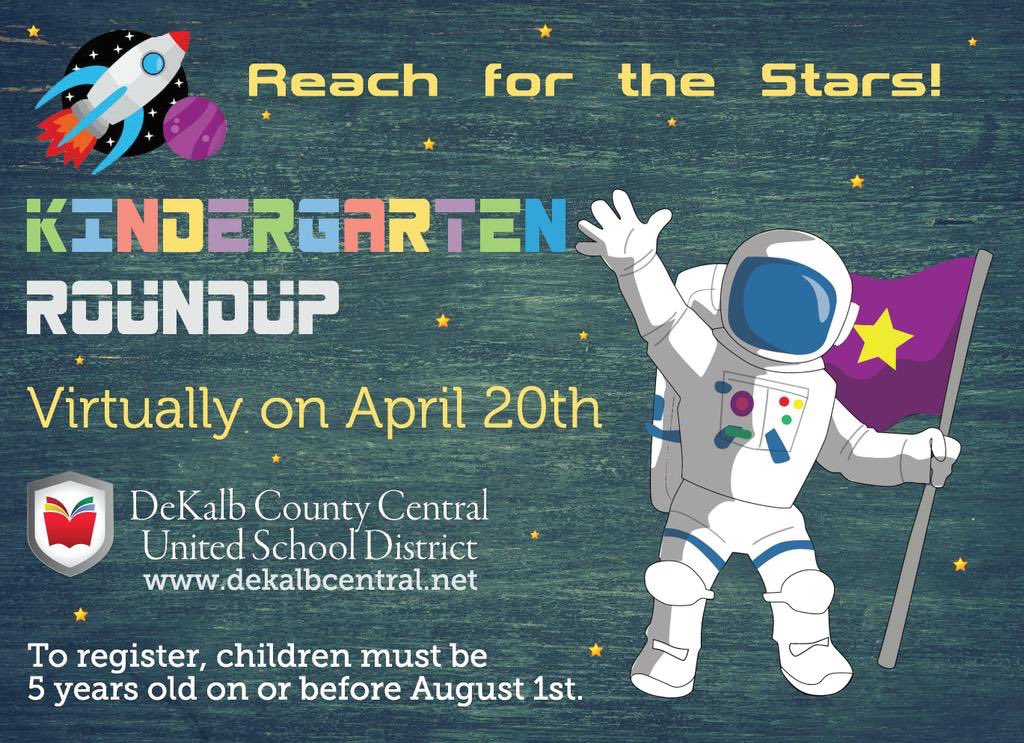 DeKalbELC's tweet image. DeKalb Central Schools will host a Virtual Kindergarten Roundup on Monday, April 20. An informational presentation will be posted &amp;amp; available for viewing on each elementary school’s website.
 
To enroll in kindergarten, children must be 5 years old on or before August 1, 2020.