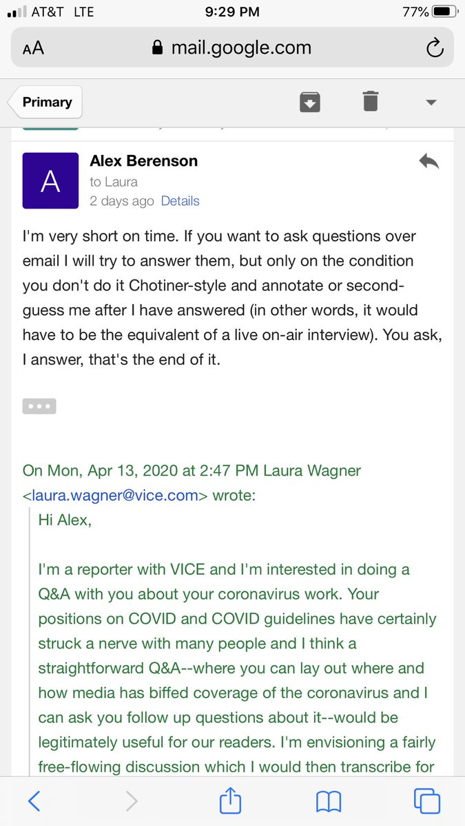 1/ So on Monday,  @laurawags of  @vice asked me for an interview, and I agreed, under certain very specifuc conditions. Let’s see what happened next. Note: Laura and I have never spoken by phone - this email thread is the entirety of our communication: