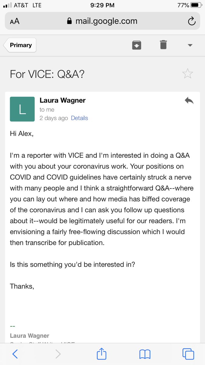 1/ So on Monday,  @laurawags of  @vice asked me for an interview, and I agreed, under certain very specifuc conditions. Let’s see what happened next. Note: Laura and I have never spoken by phone - this email thread is the entirety of our communication: