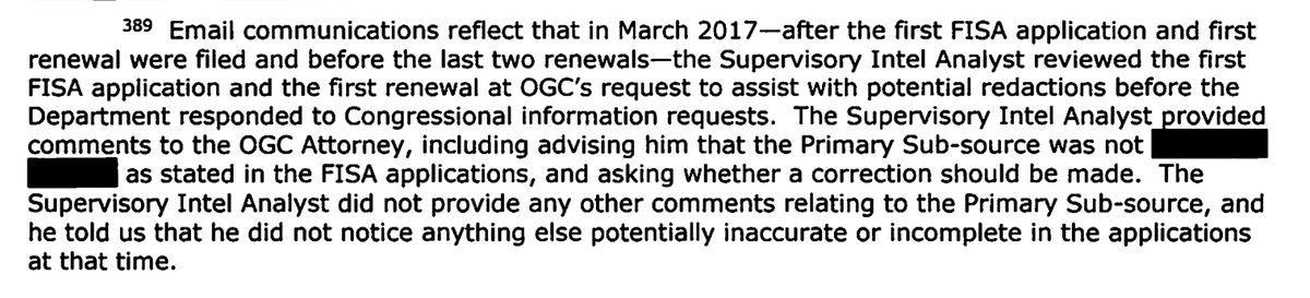 This IG footnote (FN389) is still being redacted by the ODNI/DOJ, which talks about a correction to a FISA being neededAlso the text from Chapter Eight is also redacted, which is a quote from a footnote in FISA renewal applications 2 and 3.