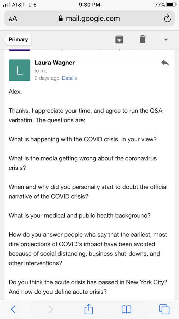 2/ Laura agreed to my conditions and sent along her questions (and later asked when I might answer them):