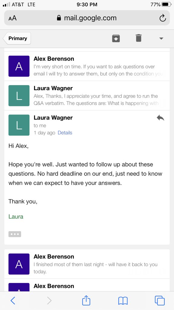 2/ Laura agreed to my conditions and sent along her questions (and later asked when I might answer them):