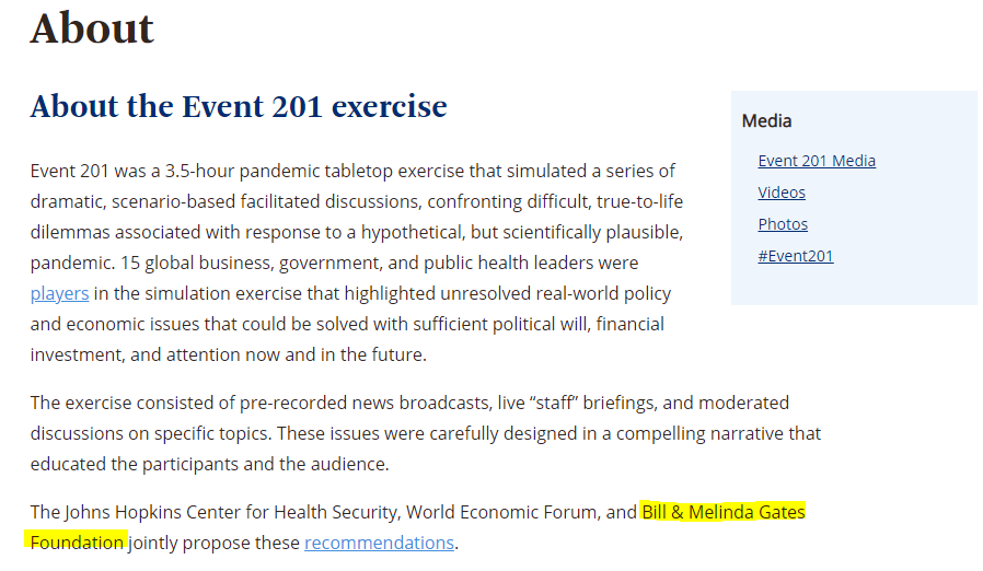  https://twitter.com/Kizzi72475831/status/1250595613768548354Esqueci de colocar esse evento, que aconteceu em Outubro de 2019. "Um exercício de pandemia multimídia desempenhado por líderes de governos, políticas, saúde pública e empresas globais essenciais para a resposta à pandemia..."  https://www.centerforhealthsecurity.org/event201/about 