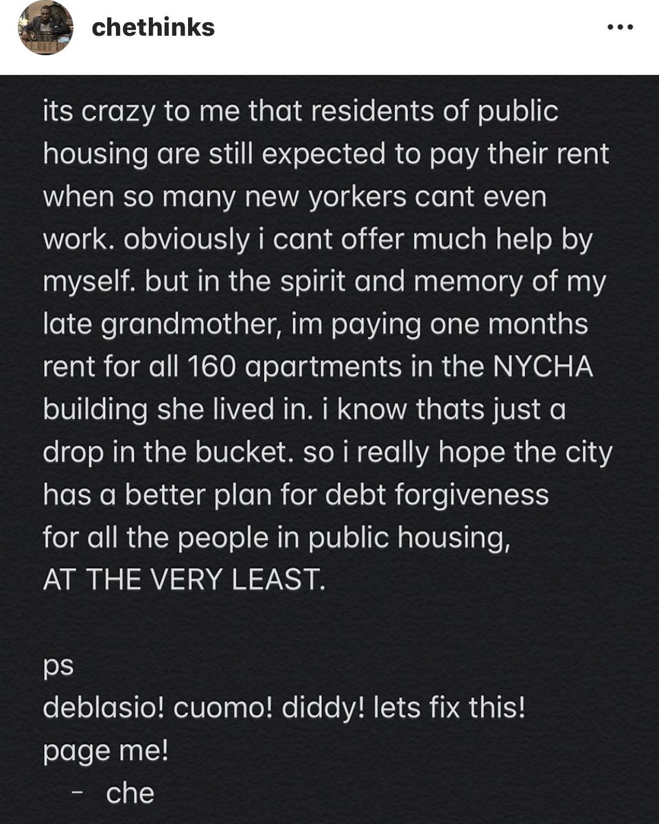 SNL’s Michael Che pays one month’s rent for the 160 apartments in the NYCHA building his late grandmother, who died of COVID19, lived in. cc @NYCMayor⁩ ⁦@NYGovCuomo⁩ ⁦@Diddy⁩