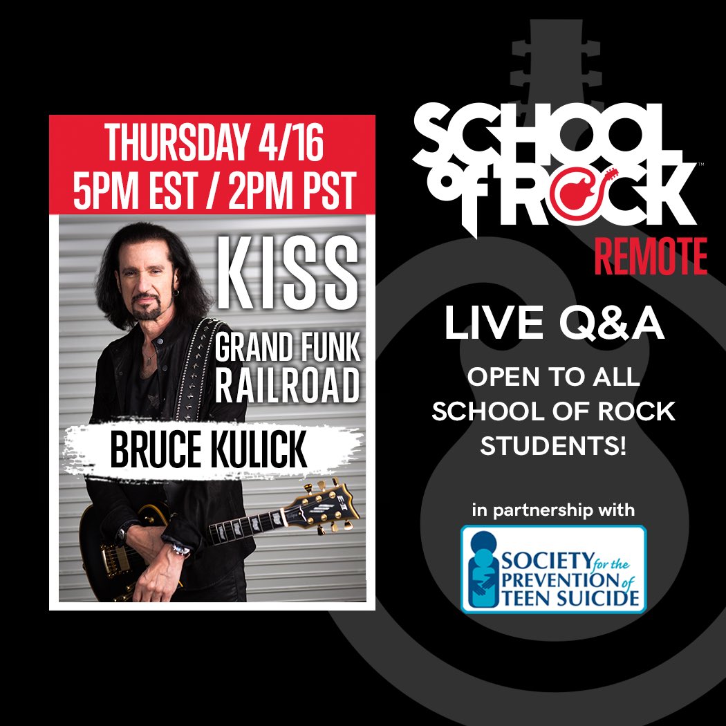 Students of School of Rock! Come hang with me, as we chat whatever music questions you have. I will have a guitar in hand. Looking forward to what you want to learn. SOR students are amazing. Thursday, 5PM EST.  Let’s rock this remote class, and chat MUSIC! <a href="/SchoolofRockUSA/">School of Rock</a>