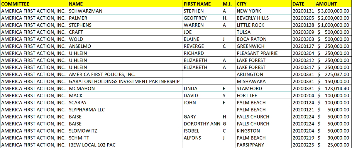 NEW: Pro-TRUMP  @AmericaFirstPAC got $ from newly named members of WH task force on re-opening economy:$3M from STEPHEN SCHWARZMAN$2M from GEOFF PALMER$1M from WARREN STEPHENSPlus:$123k in-kind from  @LINDA_McMAHON (whose hubby is on task force) https://docquery.fec.gov/cgi-bin/forms/C00637512/1400619/sa/11AI