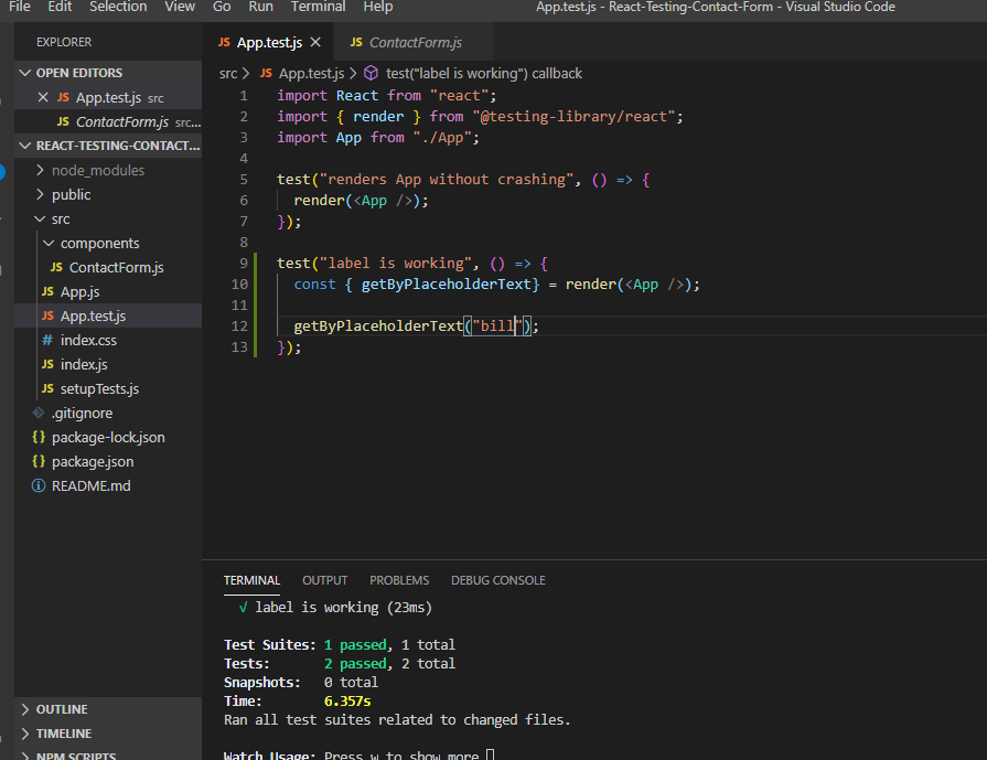 SarahMaLawrence's tweet image. This evenings lecture was on testing web applications. I wrote my first mini test to check placeholder text.
#codingnewbie #developer #fullstackweb #lambdaschool #jest #testingwebapps #WomenWhoCode