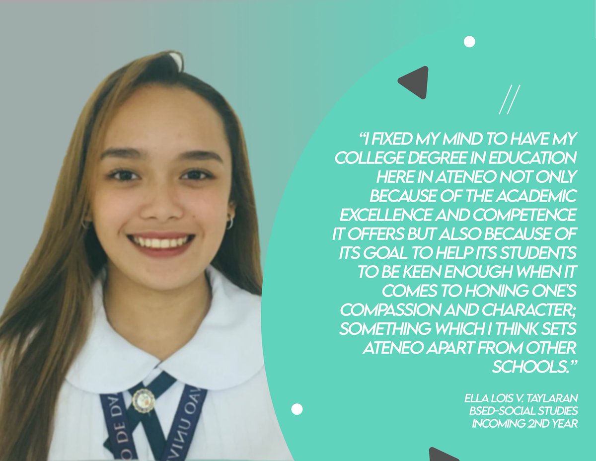 "I chose AdDU SOE because it hones one's compassion and character, which sets this institution apart from other schools." — Ella Lois Taylaran, from BSEd-Social Studies. #Waves  #ChooseADDUSOE 