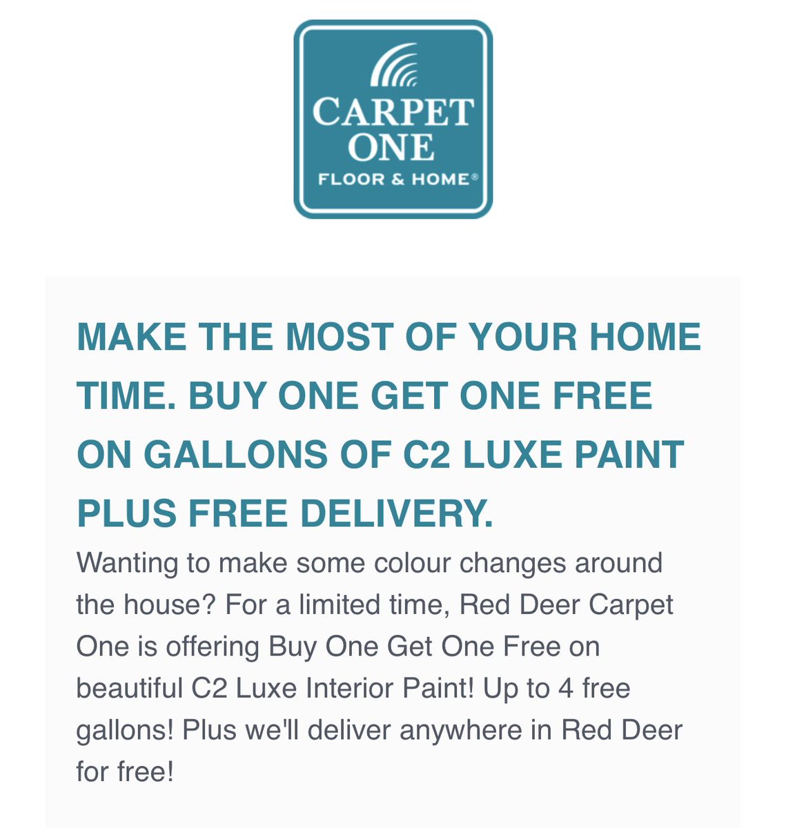 CarpetOneRD's tweet photo. One month in to quarantine and it’s still winter outside. Your walls definitely need some colour!  

Buy one. Get one on #C2paint with FREE delivery in #RedDeer. https://t.co/aeJcNTk5P5