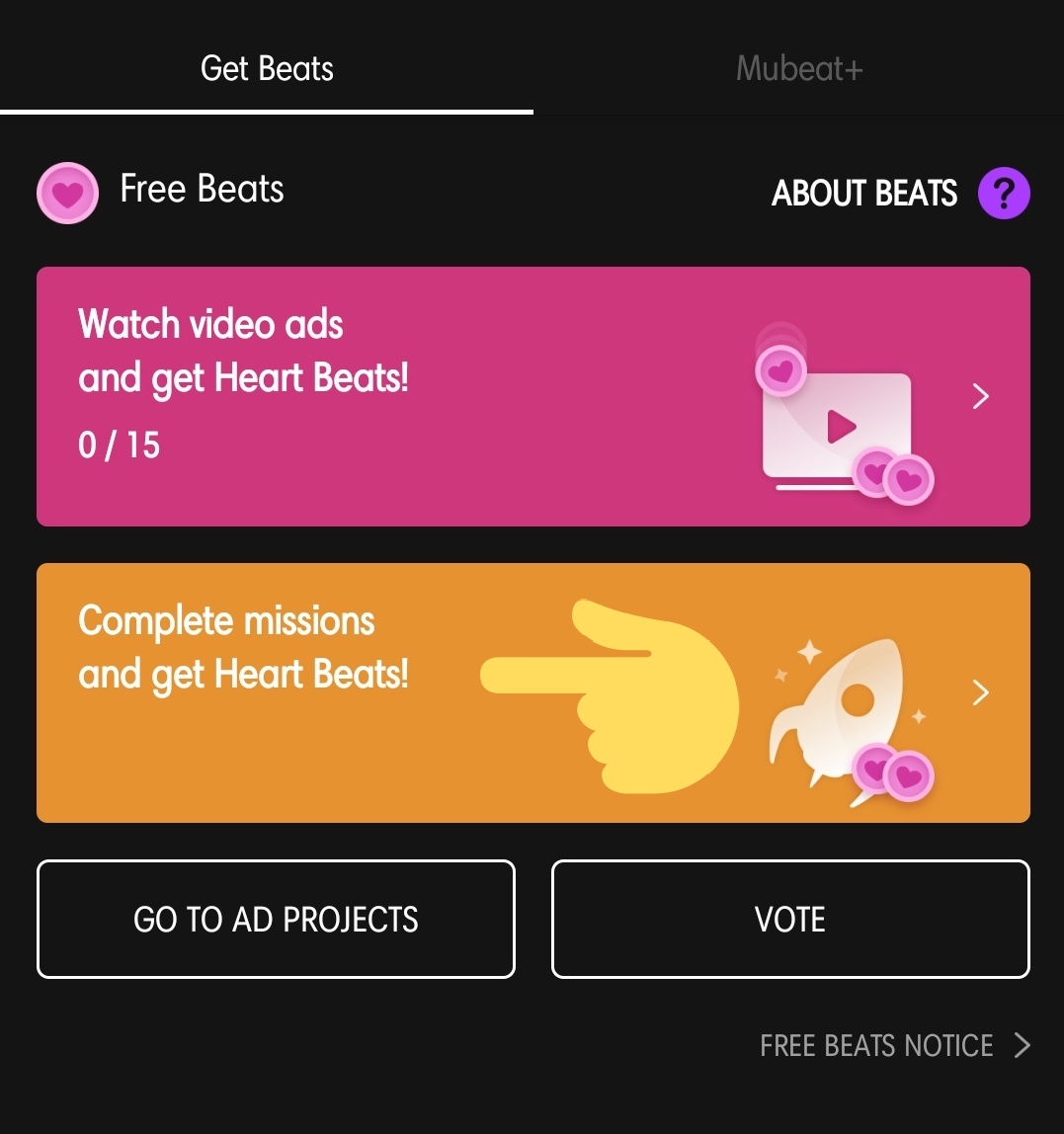 Mubeat - Heart Beats TO DO MISSIONS: tap "Complete missions" and tap a mission you wish to complete on the offerwall as shown below. take note of the mechanics and tap "Earn" button below