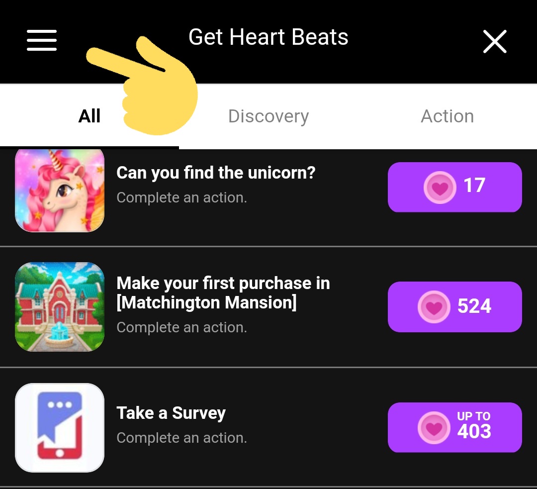 Mubeat - Heart Beats to check the status of your heart beat rewards, click the button on the upper left of the offerwall. click "Reward Status" and it should appear as shown on the 3rd photo. heart beats are usually rewarded min of 24hrs after completing the mission.
